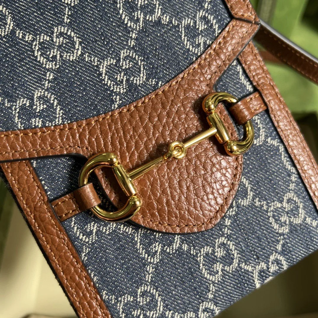 Gucci Horsebit 1955 Mini Bag Blue And Ivory GG Denim Jacquard / - Image 6