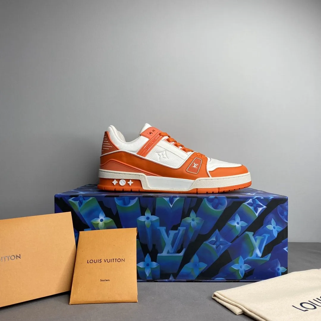 Louis Vuitton Trainer Sneaker Mix Of Materials White/Orange Virgil Abloh LV 1A9VN0 - Image 9