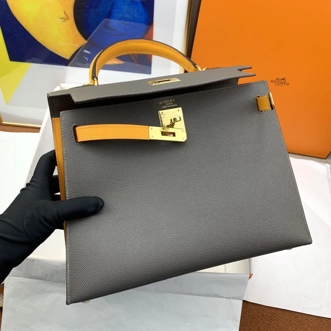 Hermes Kelly 28 Sellier Epsom Dark Grey/Yellow Bag - Image 3