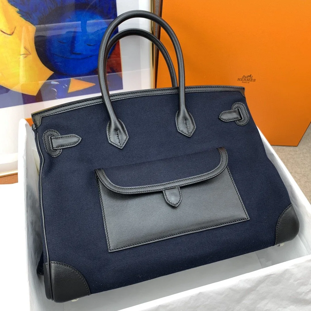 Hermes Birkin Cargo 35 Top Handle Bag / Navy Blue Silver Hardware - Image 5