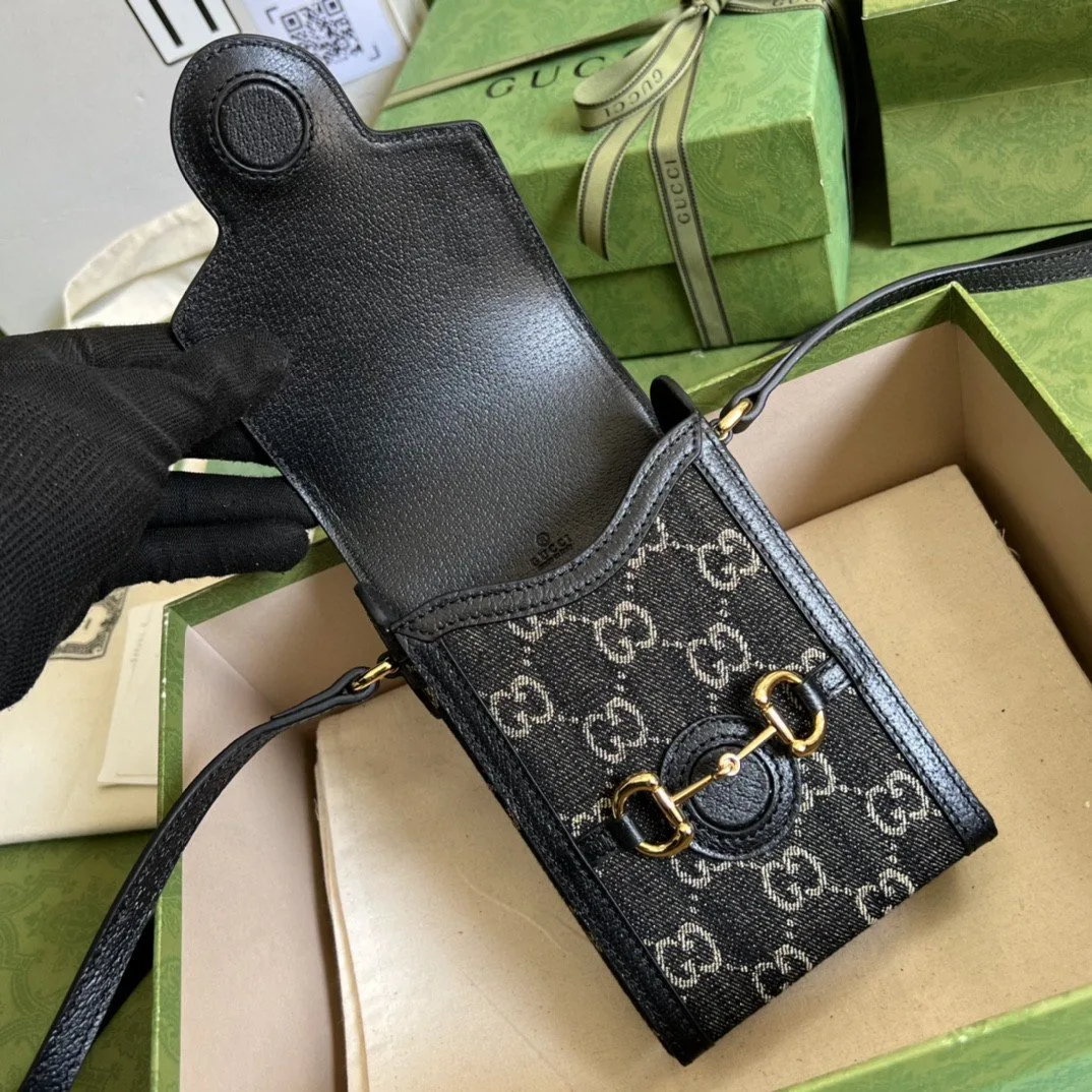 Gucci Horsebit 1955 Mini Bag Black And Ivory GG Denim Jacquard / - Image 5