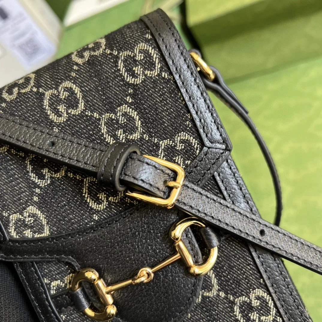 Gucci Horsebit 1955 Mini Bag Black And Ivory GG Denim Jacquard / - Image 4