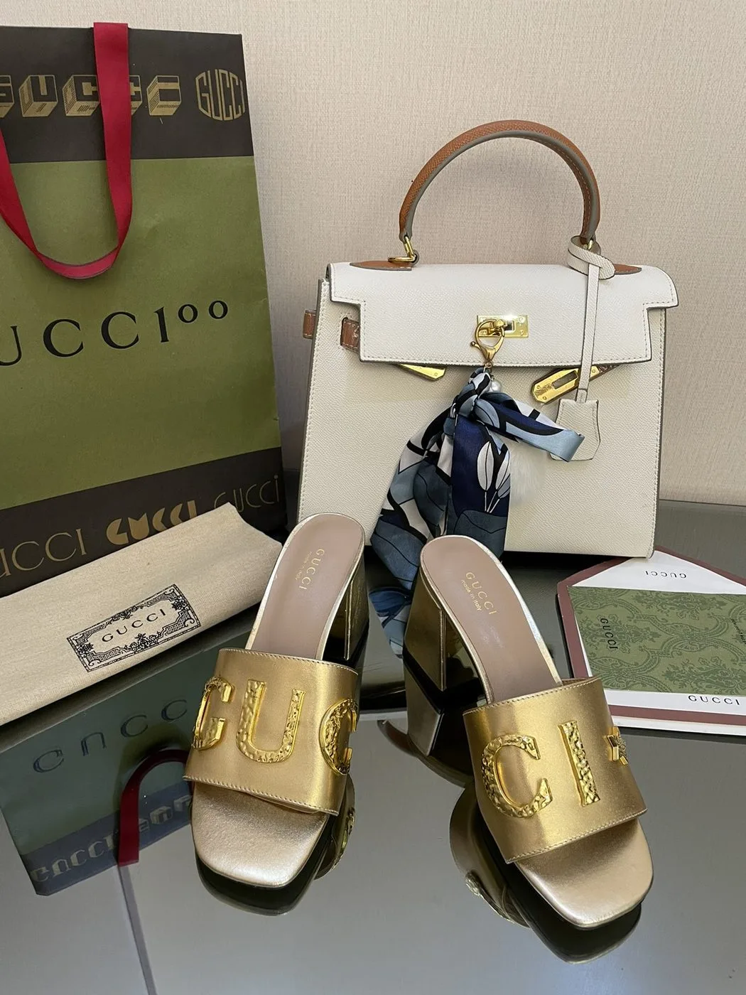 Gucci Women’s ‘Gucci’ Slide Sandal Gold - Image 2