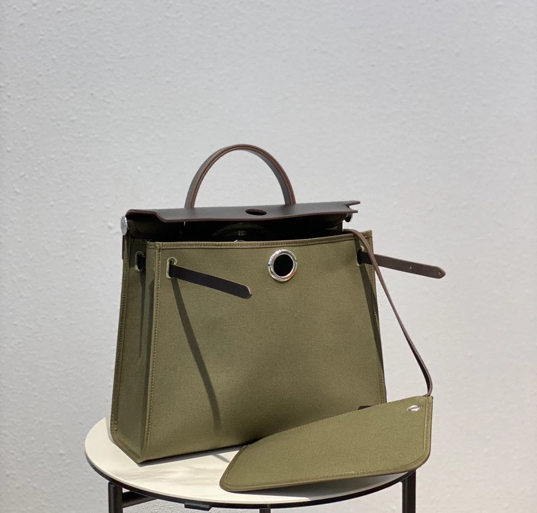 Hermes Herbag Zip Bag Dark Green Moss, Silver Toned Hardware Bag - Image 3