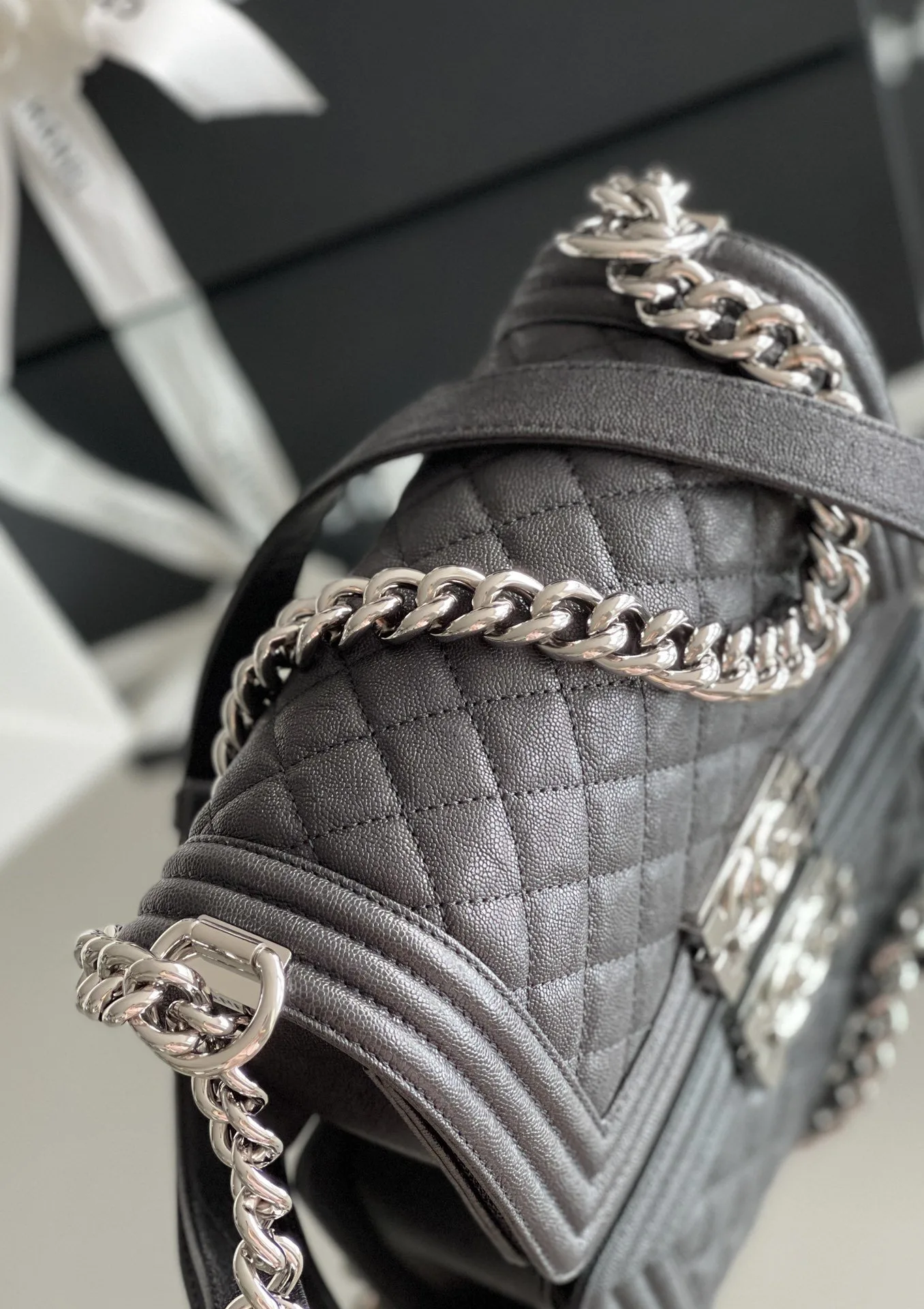 Chanel Boy Mini Crossbody Bag / Black Silver Hardware - Image 7