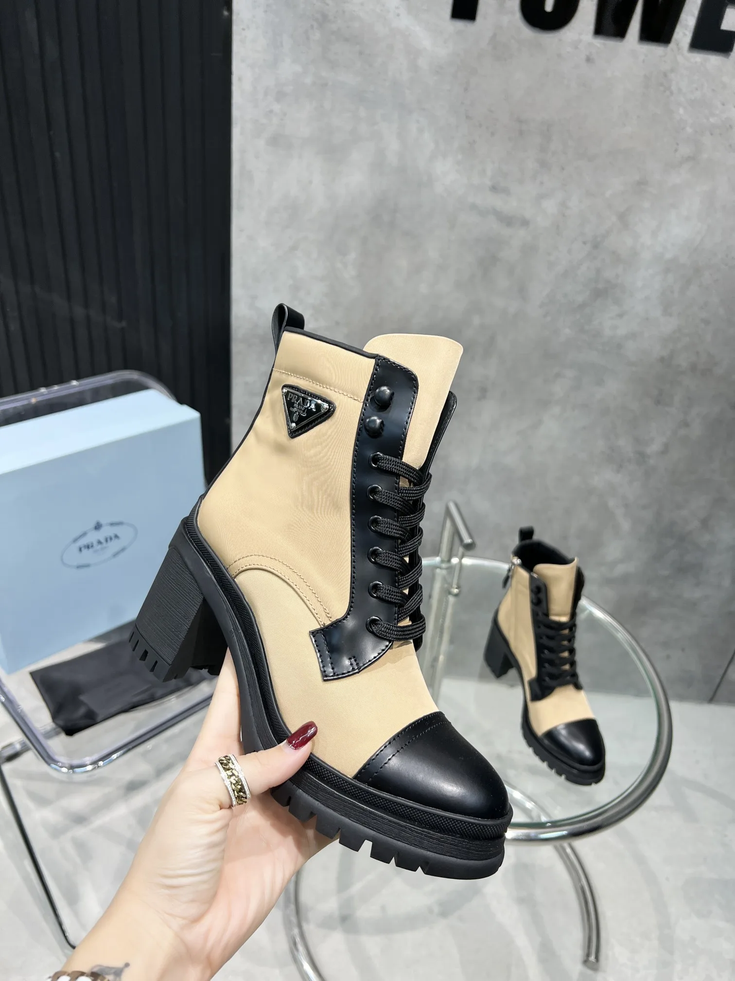 Alternative view of Prada Tronchetti Lace-Up Boots Beige PRD