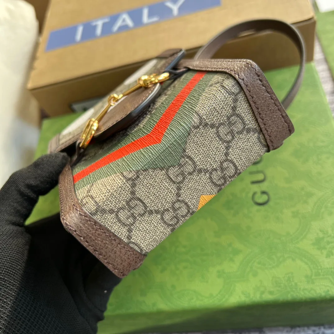 Gucci Horsebit 1955 Mini Bag / Beige/ Ebony GG Supreme Canvas With Geometric Print - Image 13