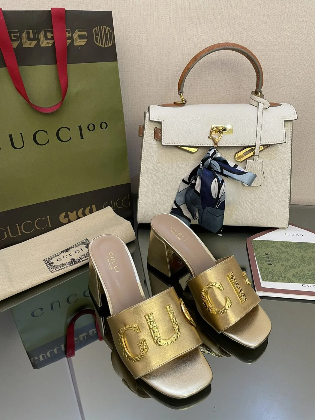 Gucci Women’s ‘Gucci’ Slide Sandal Gold - Image 3