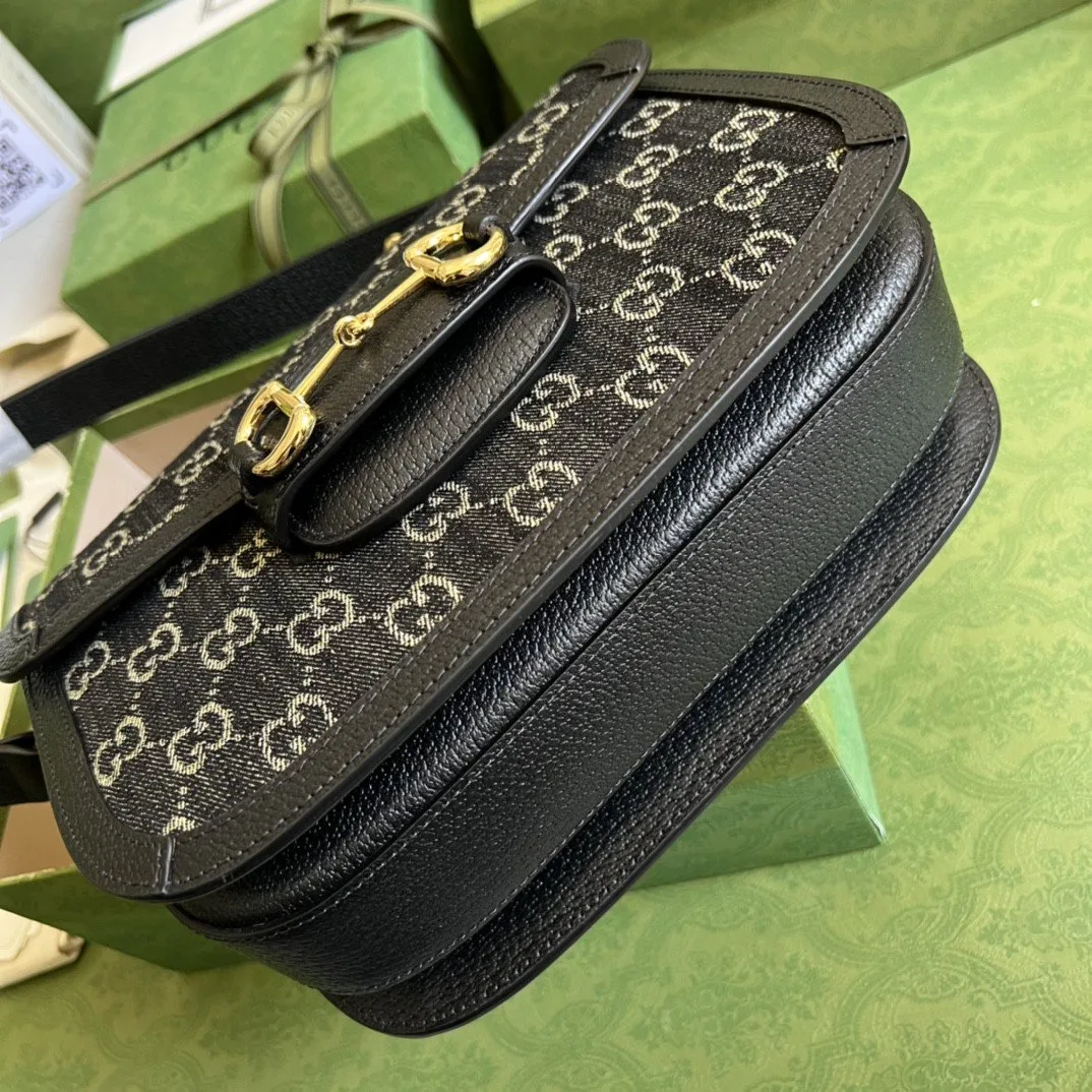 Gucci Horsebit 1955 Shoulder Bag Black And Ivory GG Denim Jacquard / - Image 5