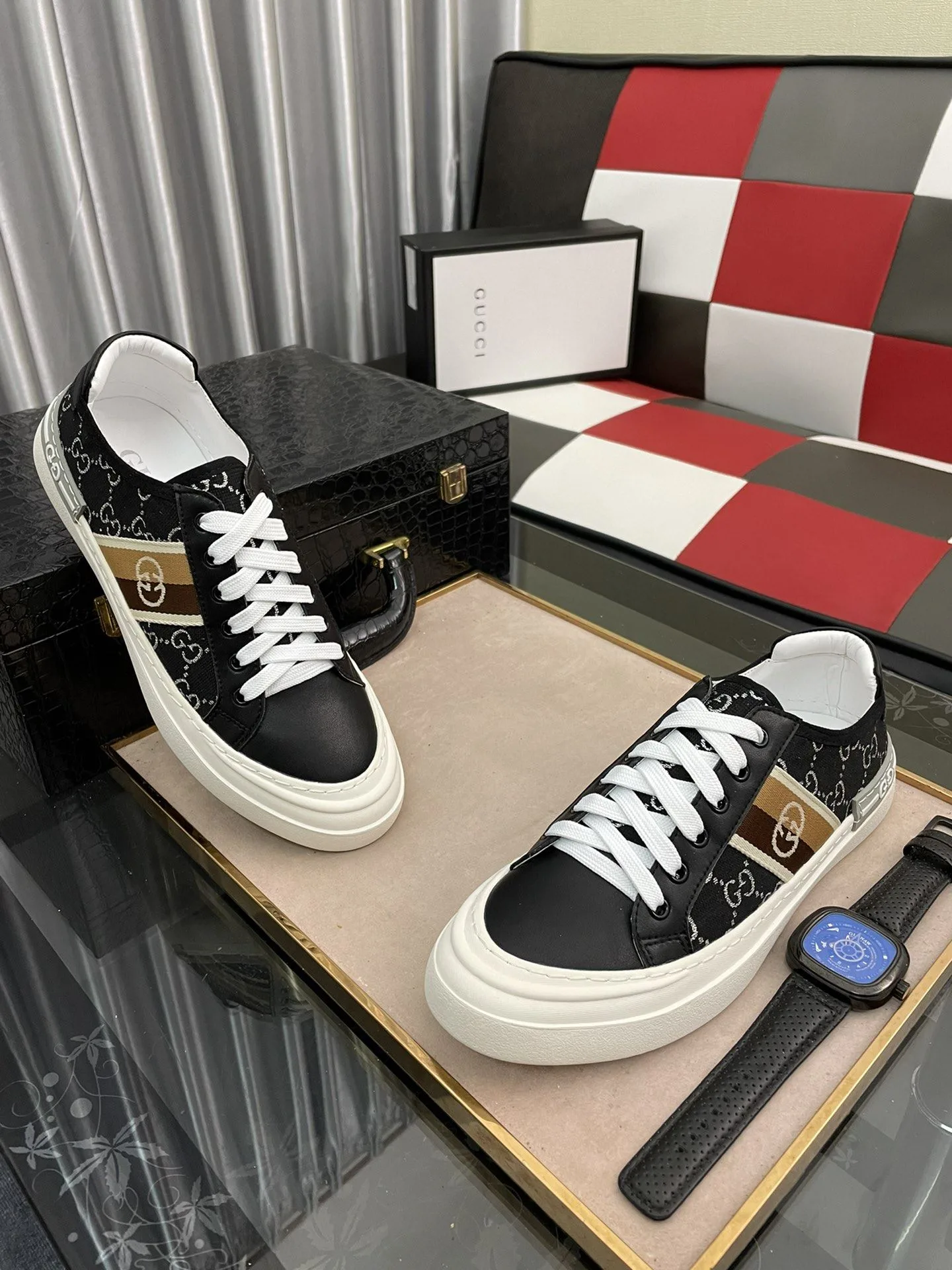 Gucci Men’s GG Embroidery Sneaker With Web Black - Image 5