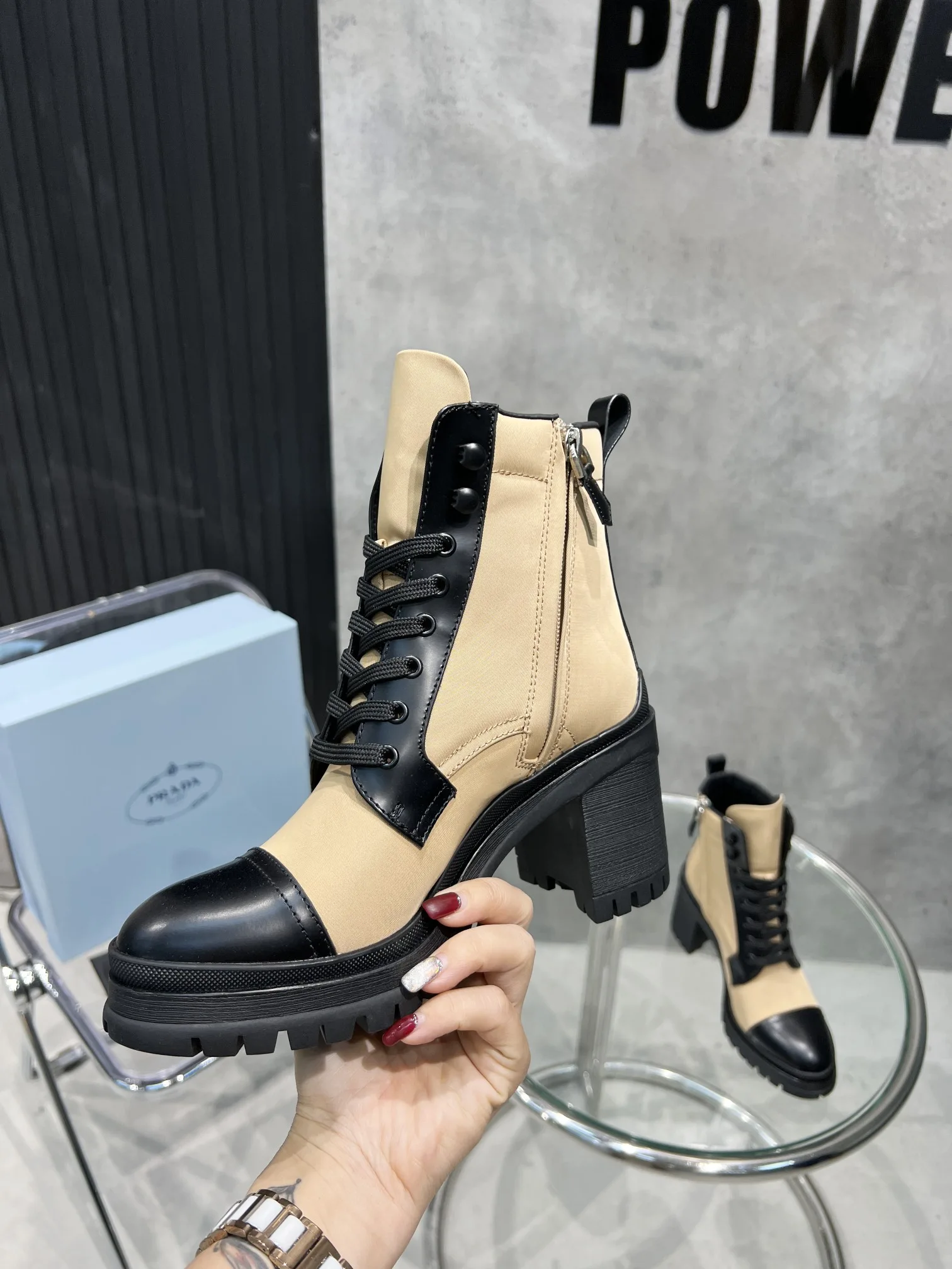 Prada Tronchetti Lace-Up Boots Beige PRD - Image 3