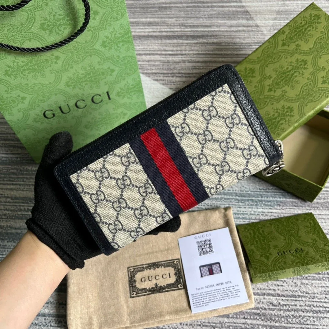 Gucci Ophidia GG Zip-Around Wallet in Beige with Red and Dark Blue Stripes and Silver Hardware , / - Image 5
