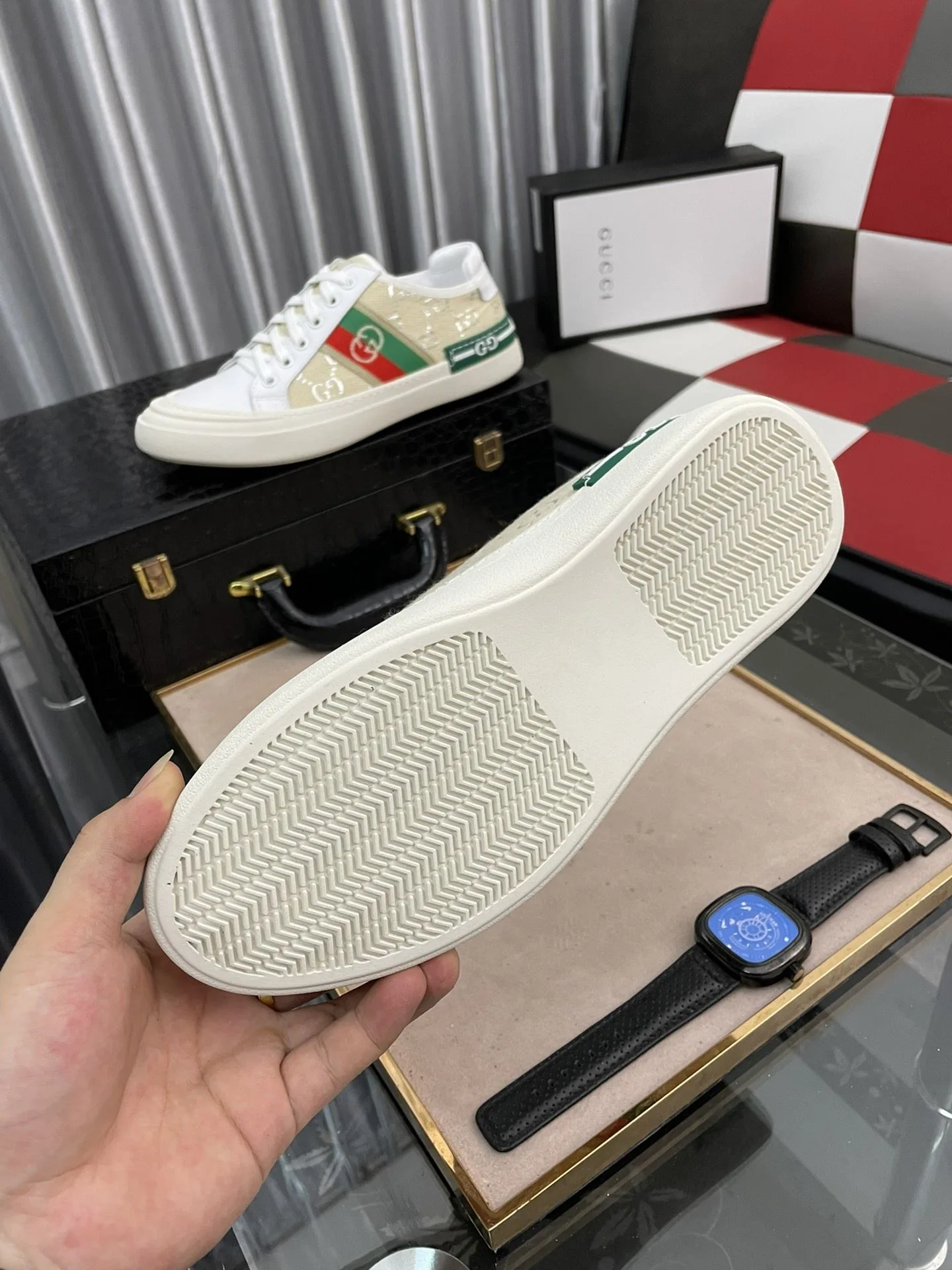 Gucci Men’s GG Embroidery Sneaker With Web White And Beige - Image 4