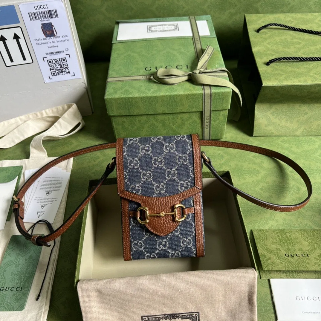 Gucci Horsebit 1955 Mini Bag Blue And Ivory GG Denim Jacquard / - Image 5