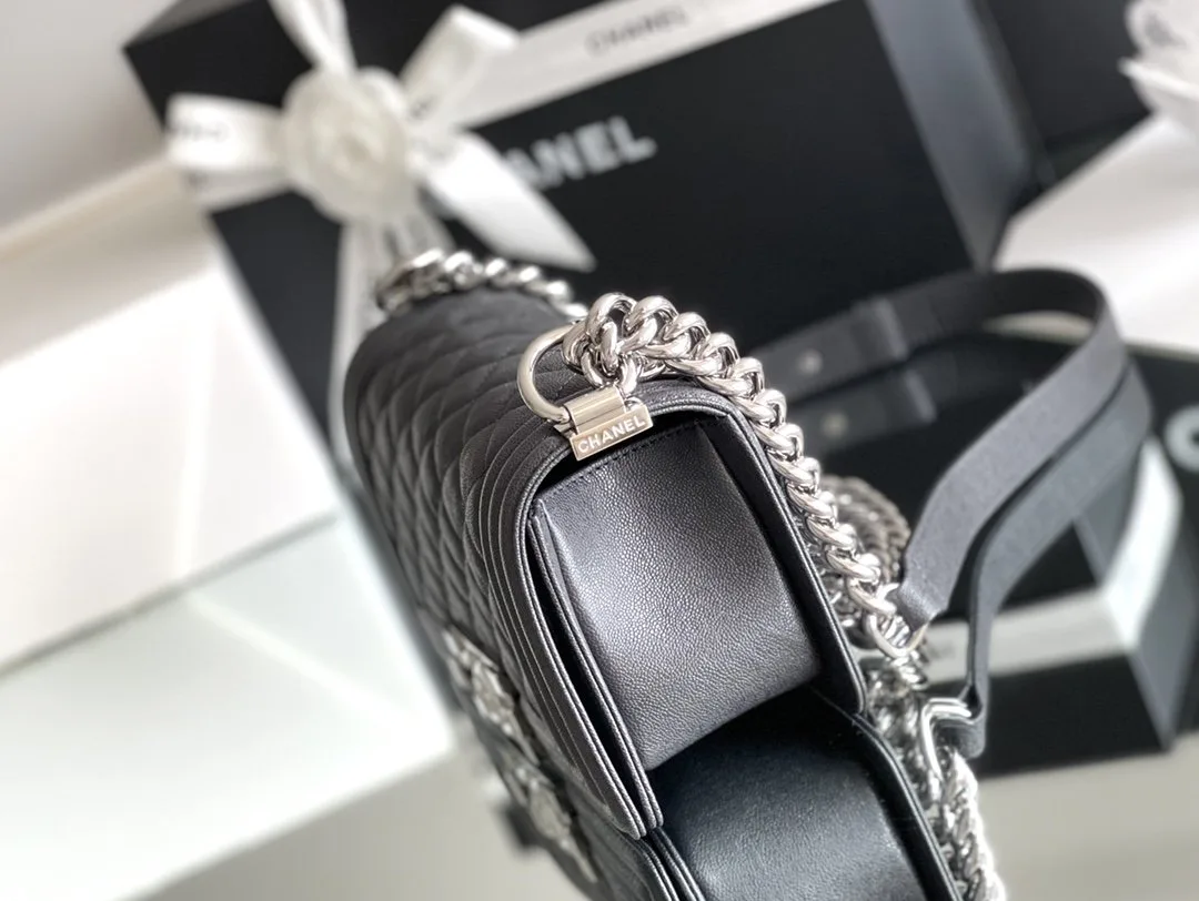 Chanel Boy Mini Crossbody Bag / Black Silver Hardware - Image 5