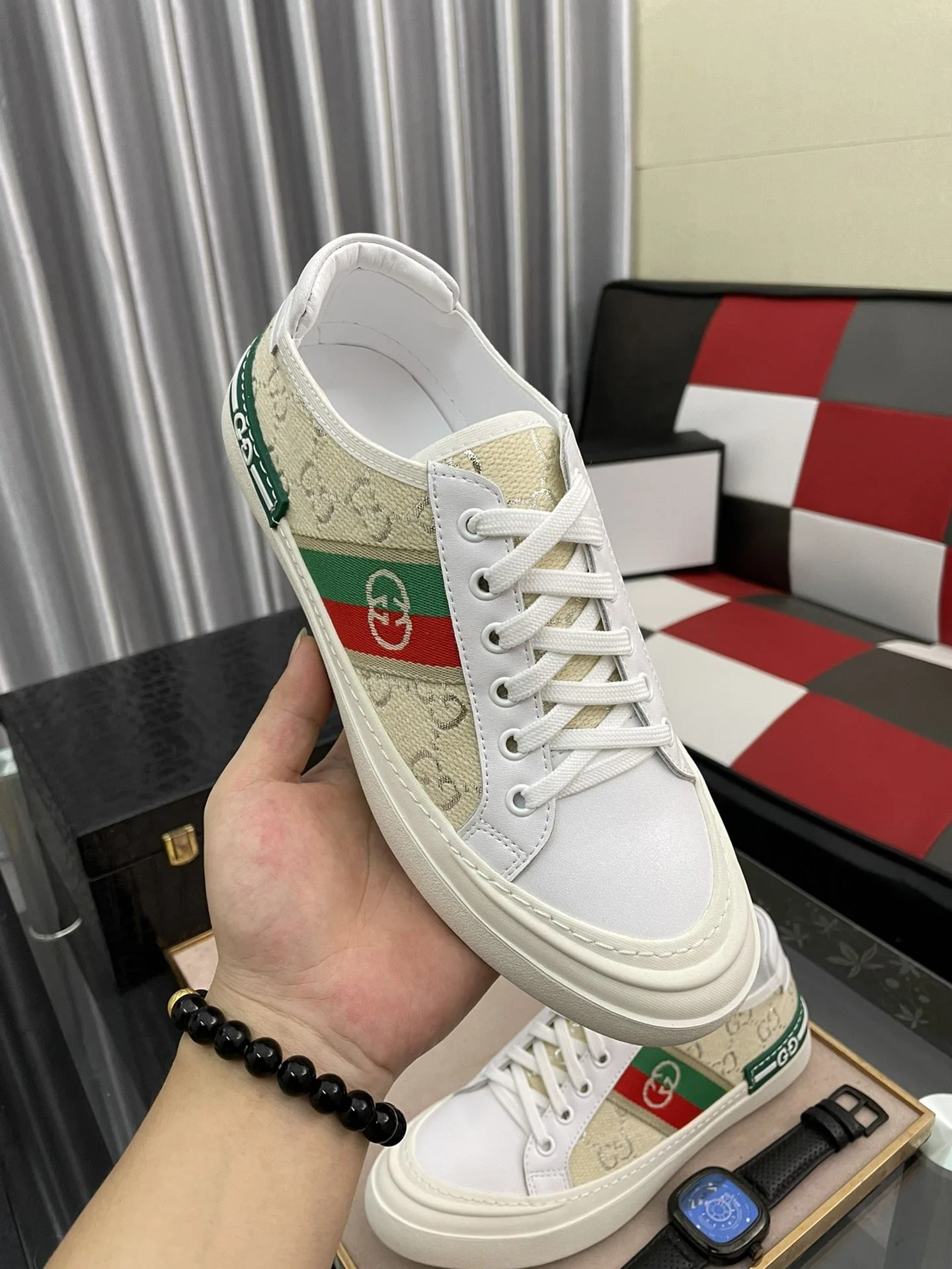 Gucci Men’s GG Embroidery Sneaker With Web White And Beige - Image 3