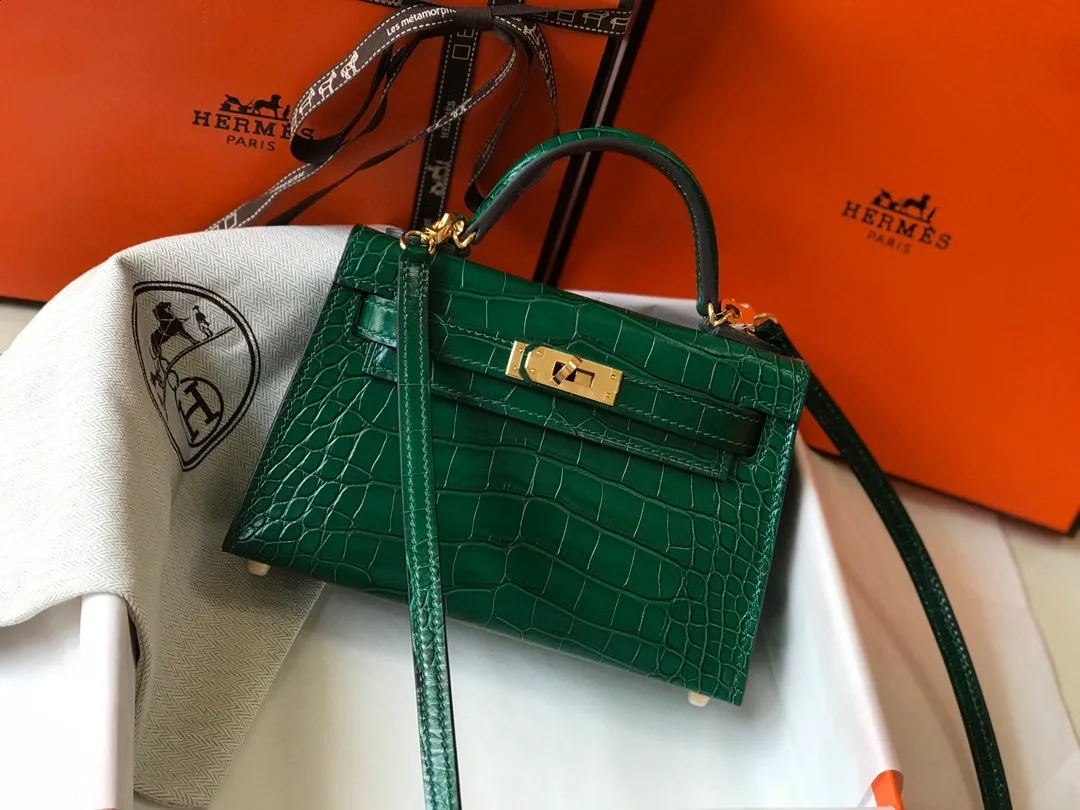 Hermes Mini Kelly 19 Green Crocodile Bag - Image 5