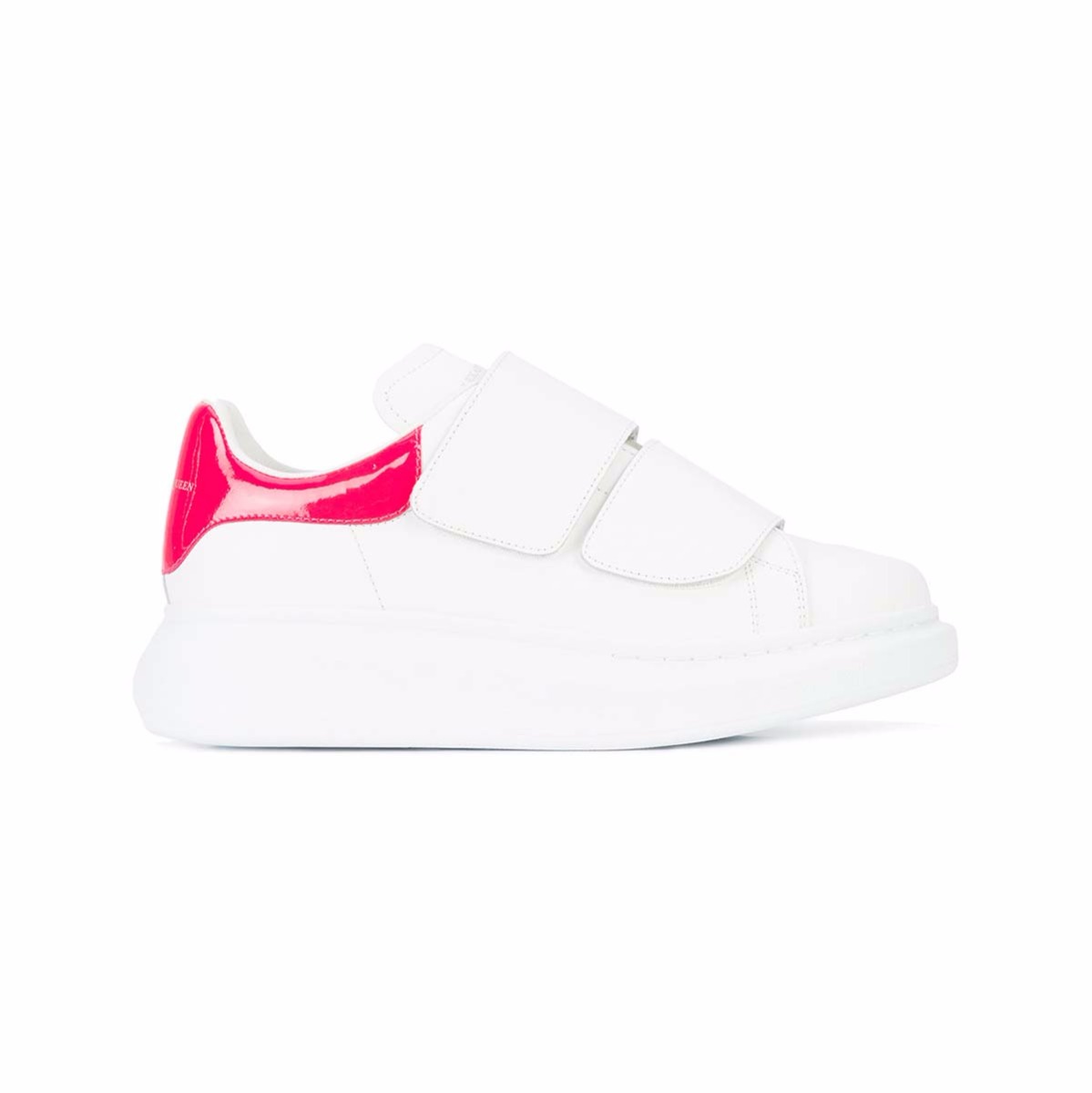 Side view of Alexander Mcqueen Women Oversized Sneaker with Double-Strap Shoes-Carmine in white