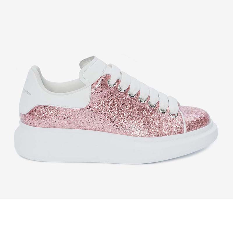 Front angle of Alexander Mcqueen Women Oversized Sneaker with Glitter Lace-UP Shoes Pink
