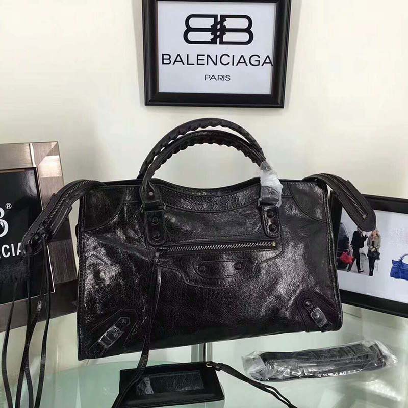 Close-up of silver hardware on Balenciaga Classic City Top Handle and Shoulder Bag-Black