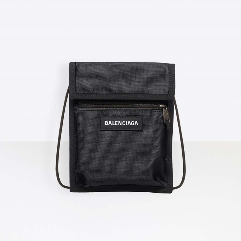 Front view of Balenciaga Men Explorer Pouch Strap-Black with zipper detail
