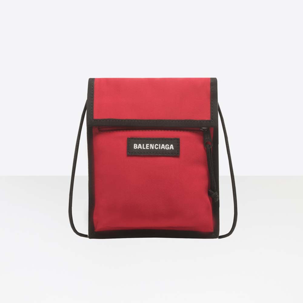 Front view of Balenciaga Men Explorer Pouch Strap-Red with logo clasp