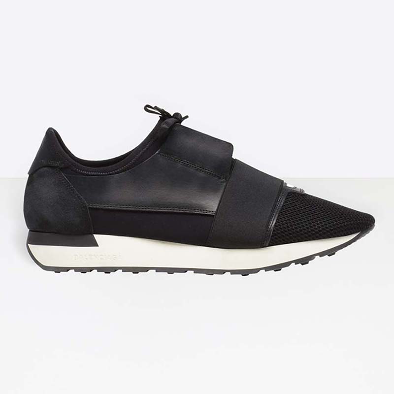 Side profile of Balenciaga Men Race Runners Shoes Black showing mesh detail