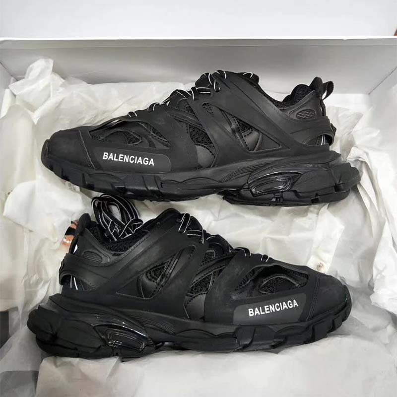 Close-up of layered mesh and nylon detailing on Balenciaga Track Trainers