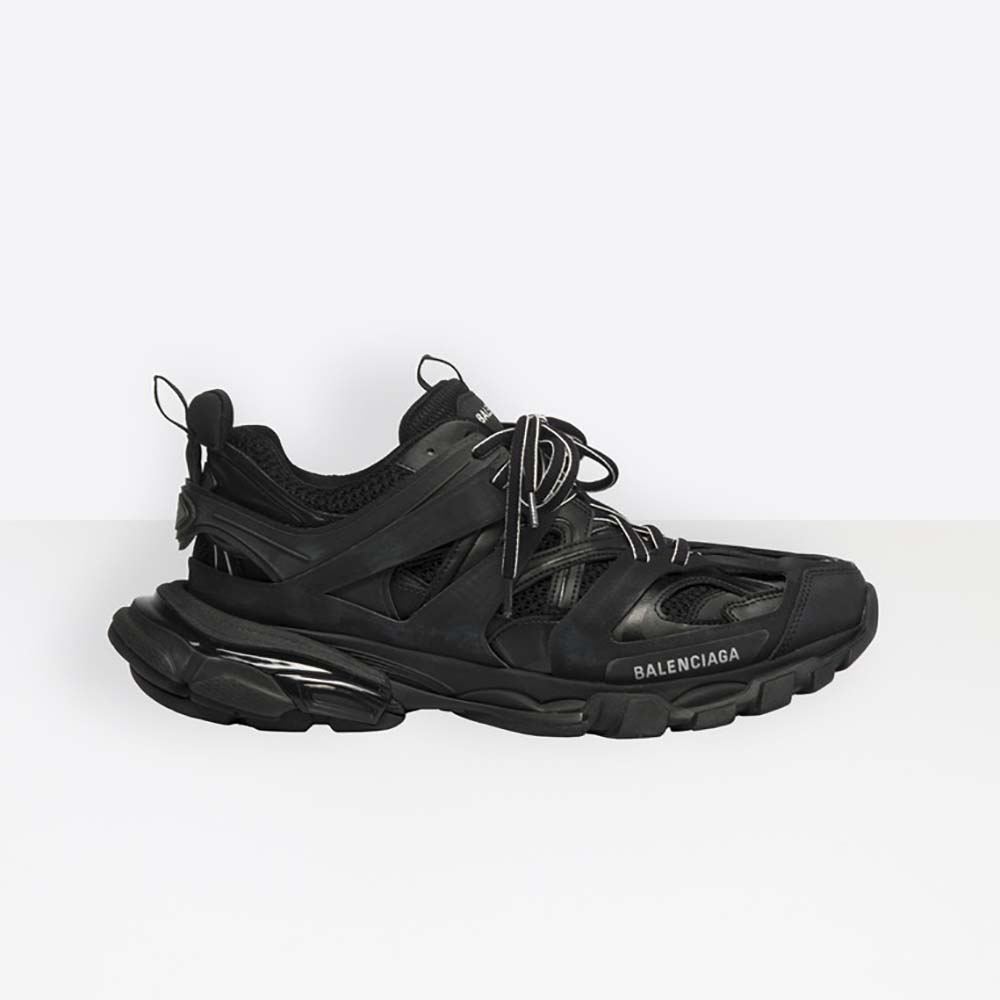 Side view of Balenciaga Men Shoes Track Trainers in black mesh and nylon