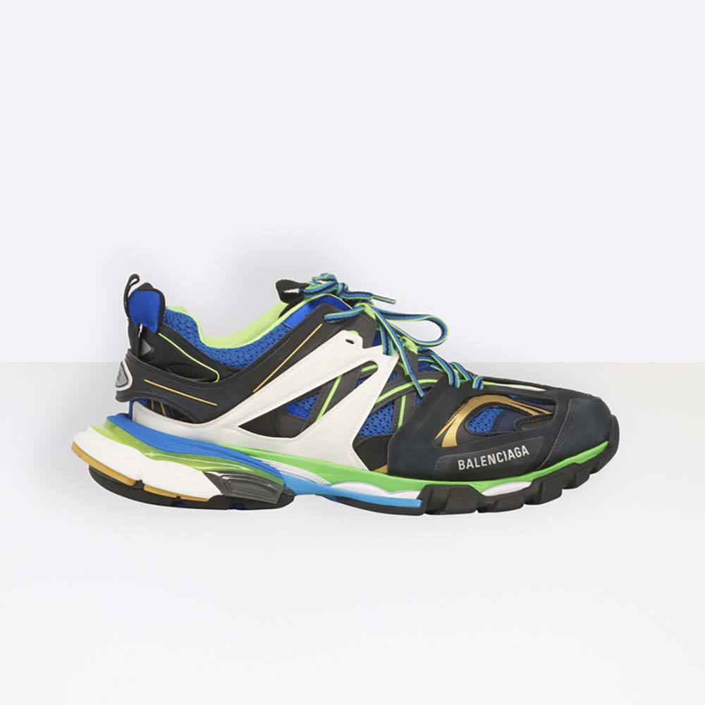 Side profile of Balenciaga Men Shoes Track Trainers in Black Mesh and Nylon-Green