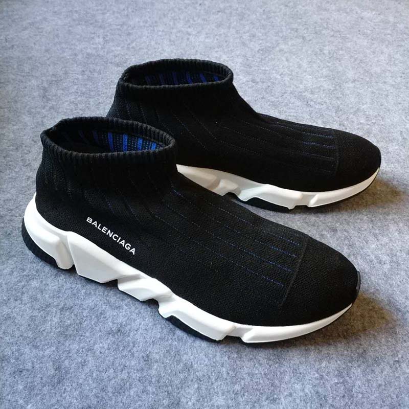 Top-down angle highlighting knit texture of Balenciaga Men Speed Trainer Ribs Shoes Black
