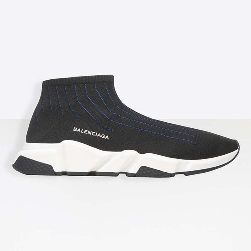Side view of Balenciaga Men Speed Trainer Ribs Shoes Black showing silhouette