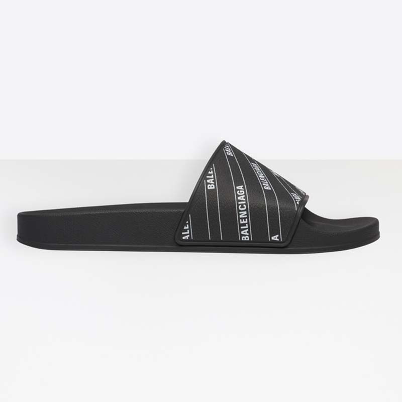 Front view of Balenciaga Men Stripe Piscine Slide Sandal in black and white
