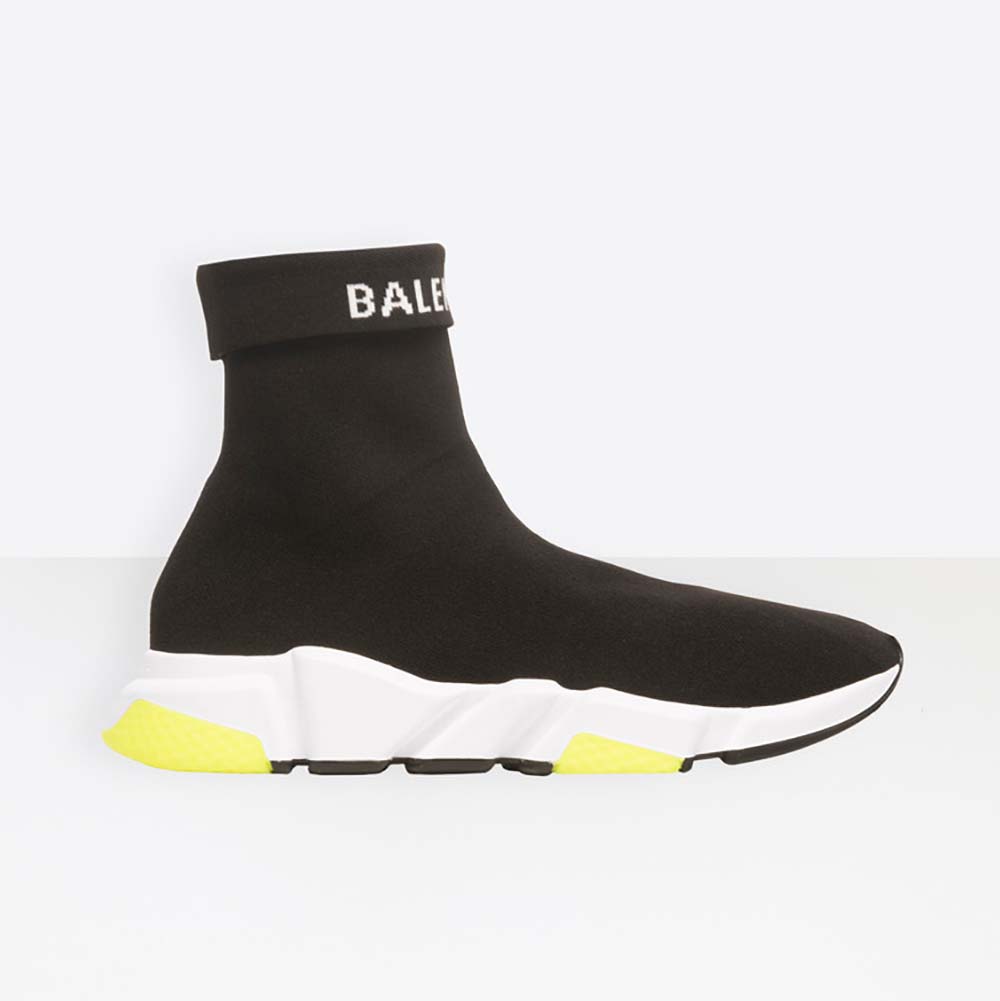 Side view of Balenciaga Unisex Shoes Speed Trainers with Tricolor Sole-Yellow
