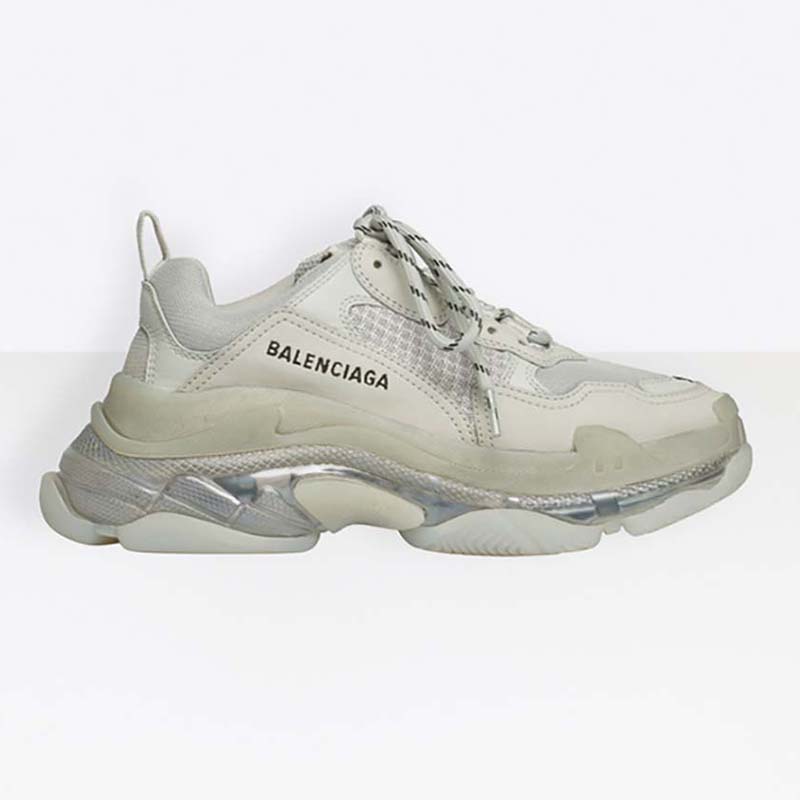 Side view of Balenciaga Unisex Shoes Triple S Clear Sole Trainers-White