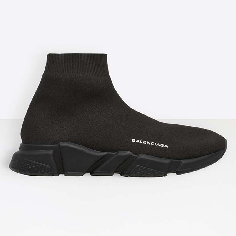 Side profile of Balenciaga Unisex Speed Trainer Shoes Black showing sock-like upper