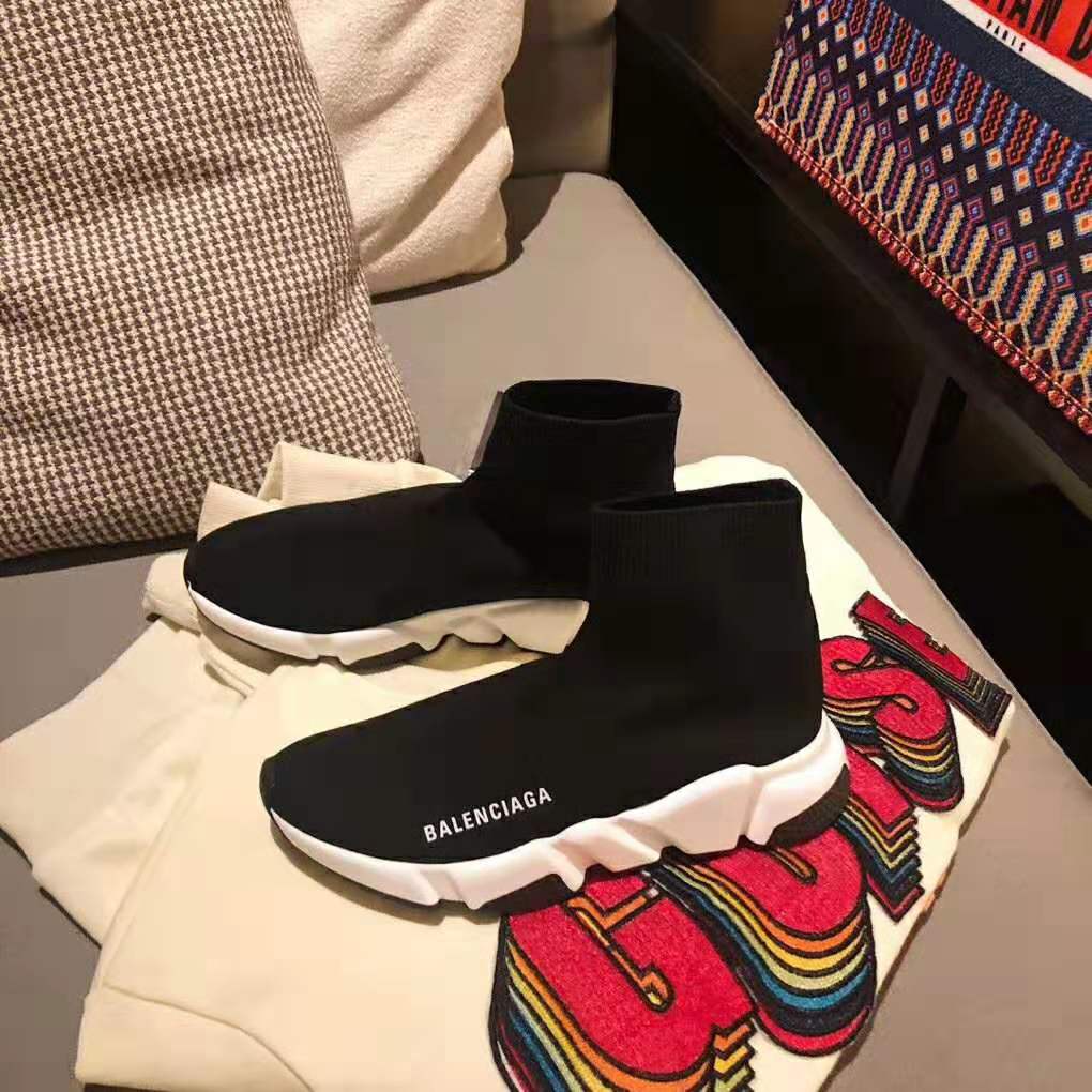 Top-down view of black Balenciaga Unisex Speed Trainers showing sock fit