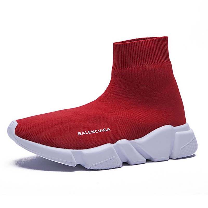 Front angle of Balenciaga Unisex Stretch Mesh High Top Sneakers-Red showing lace detail