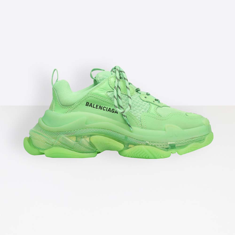 Side view of Balenciaga Unisex Triple S Clear Sole Trainers in lime