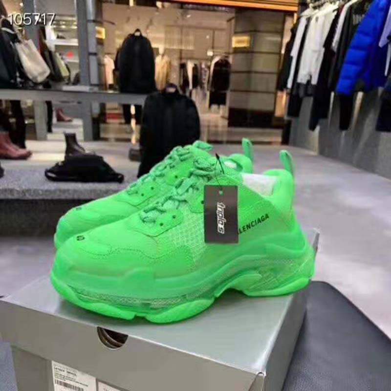 Top angle showcasing oversized silhouette and multicolor materials on Balenciaga trainers