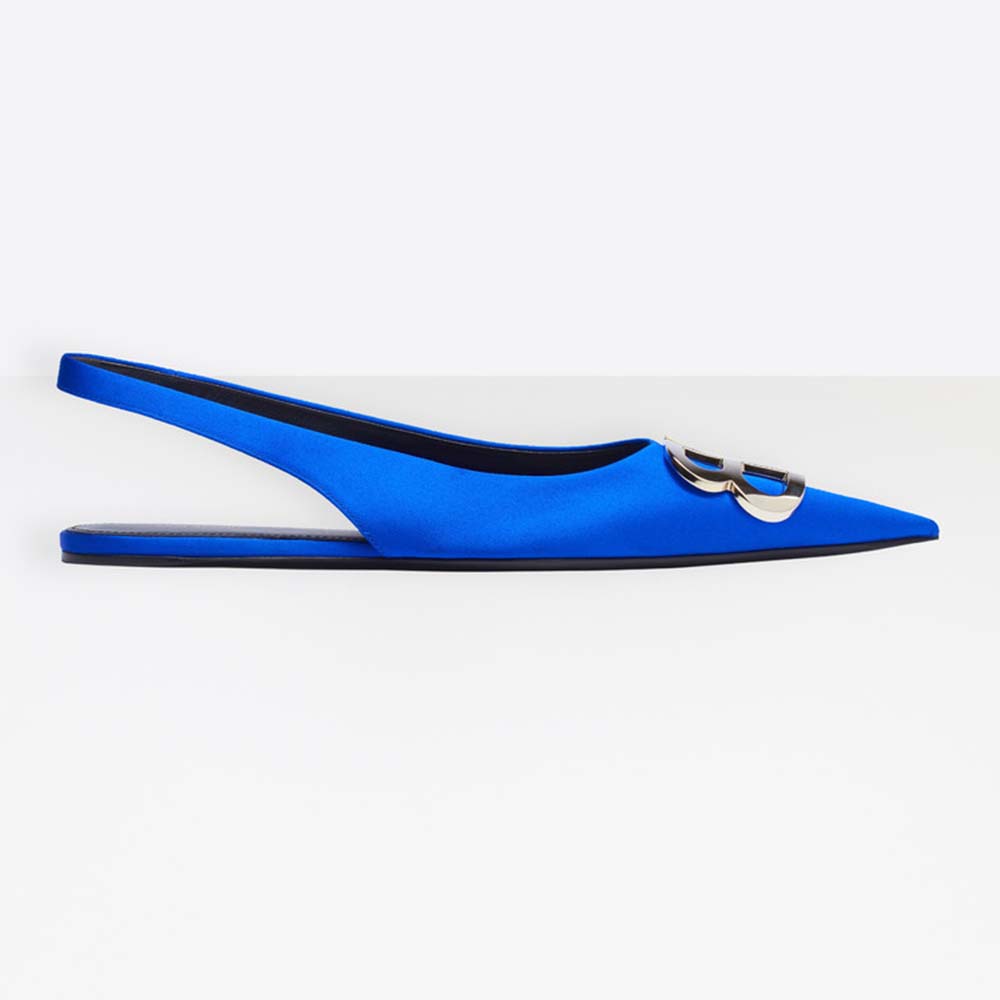 Side profile of Balenciaga Women BB Flat Slingback Ballerina Electric Blue Stretch Satin