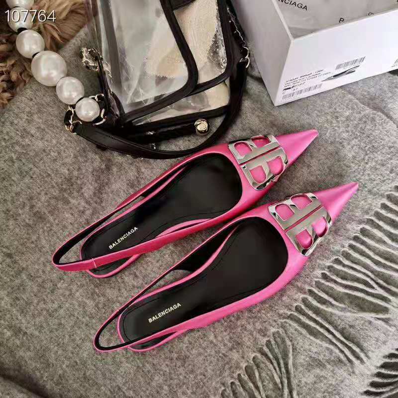 Top angle showing adjustable slingback on Balenciaga Women BB Flat Slingback Ballerina Satin 5mm Arch-Rose