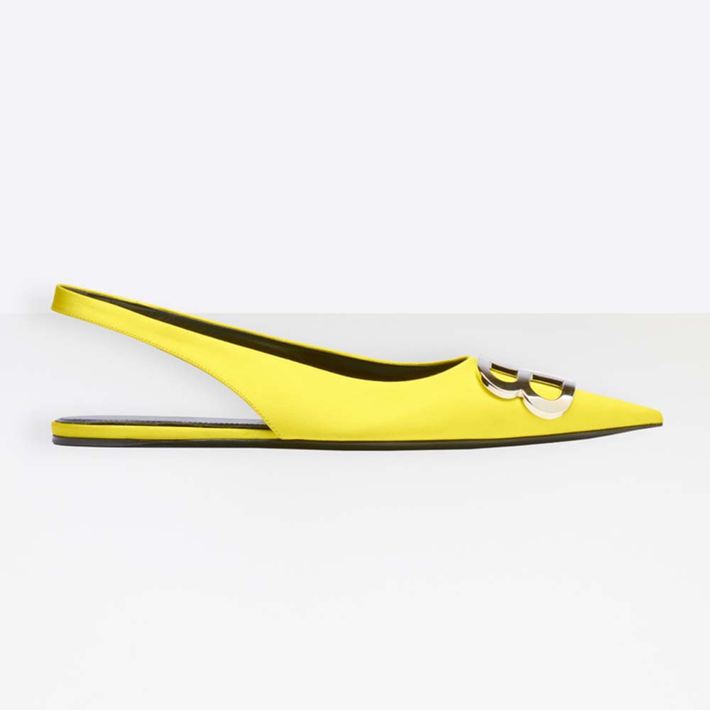Side view of Balenciaga Women BB Flat Slingback Ballerina Satin 5mm Arch-Yellow