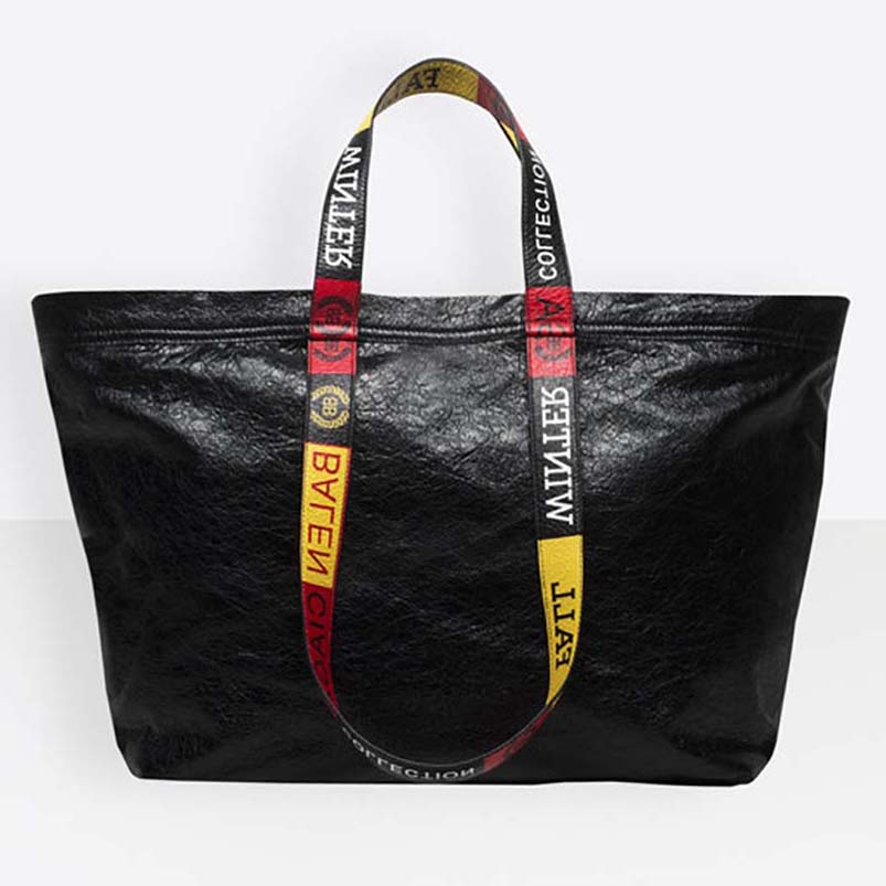 Front angle of Balenciaga Women Carry Logo Handles Shopper M in Lambskin-Black
