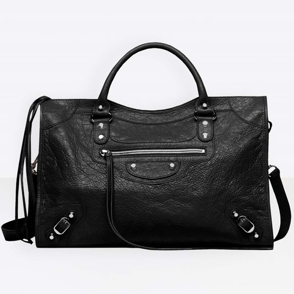 Front view of Balenciaga Women Classic City Medium Sized Lambskin Hand Carry Shoulder Bag in black