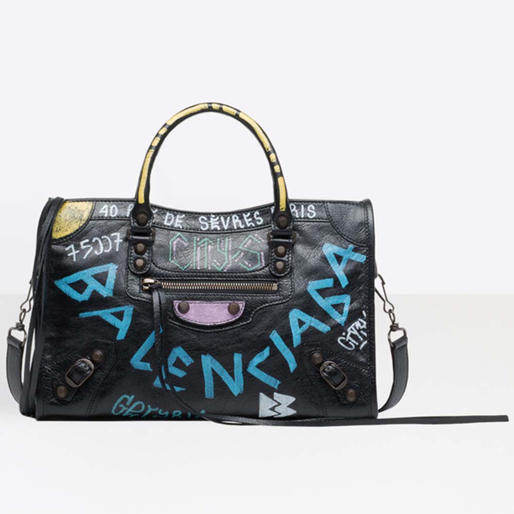 Front angle of Balenciaga Women Classic City S Graffiti Small Lambskin Bag-Blue
