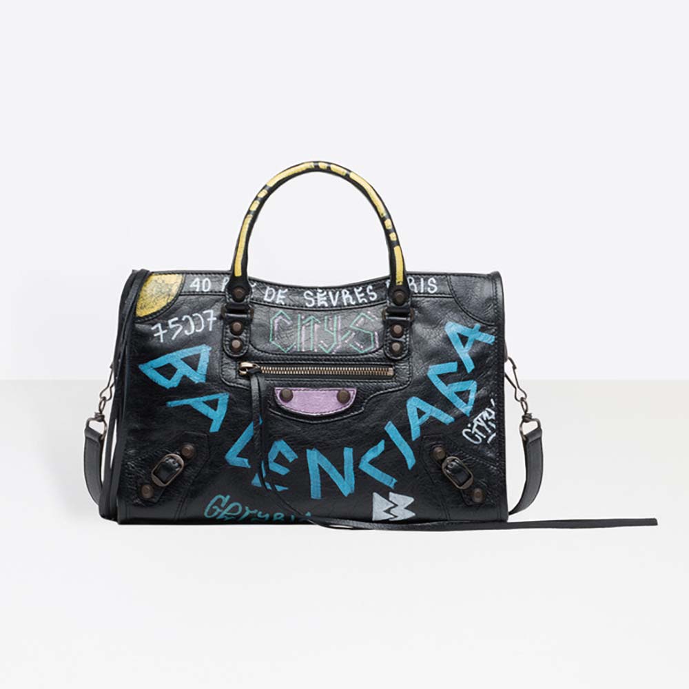 Front view of Balenciaga Women Classic City S Graffiti Small Shoulder Bag in black lambskin