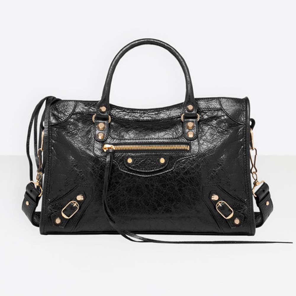 Front view of Balenciaga Women Classic Gold City S-Black shoulder bag