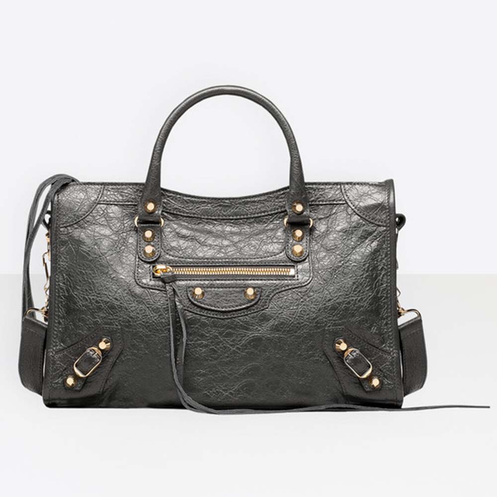 Front view of Balenciaga Women Classic Gold City Small Size Lambskin Bag-Grey