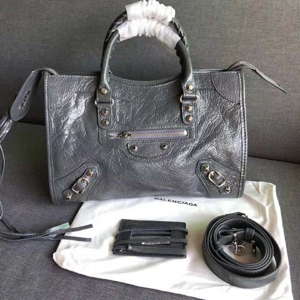 Close-up of gold hardware on Balenciaga Women Classic Gold City Small Size Lambskin Bag-Grey